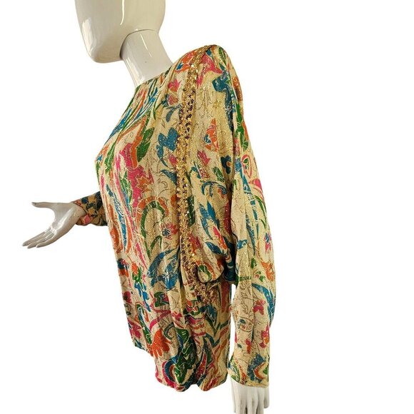 Lucie Ann Beverly Hills 80s Opulent Evening Top Sz S Gold Metallic Pastel Floral - Picture 3 of 13